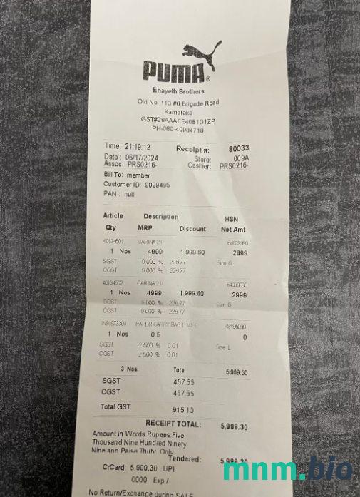 Sklep Puma przykładowy czek płatniczy PSD
